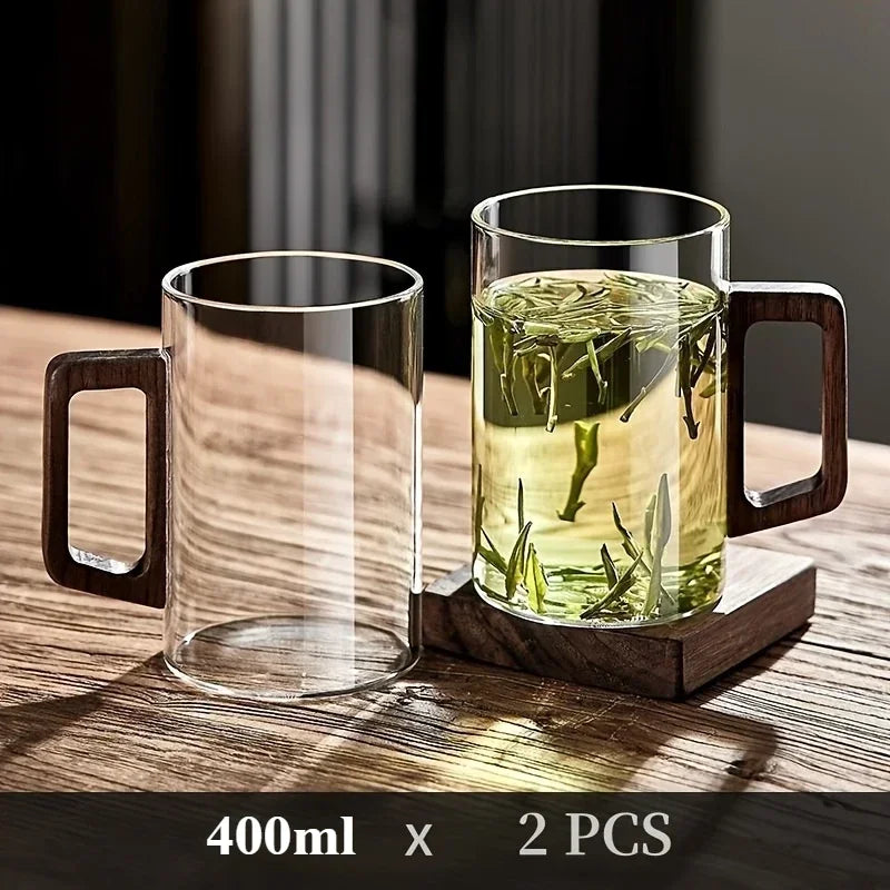 1/2pcs 400ml Glass Cups with Walnut Handle Household Heat-resistant Mug Large Capacity Tea Making Cup Office Drinking Glasses Oasis Select 2PCS Transparent 400ML