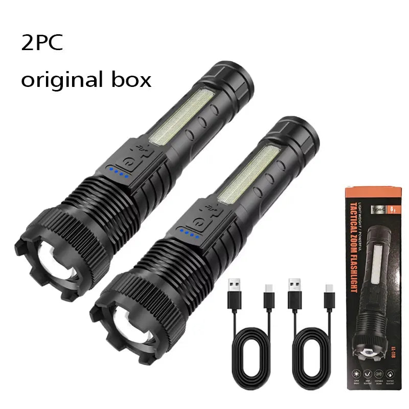 High Power LED Flashlight Type-C Rechargeable Tactical Torch with Built-in Battery Pen Clip Flashlights Outdoor Camping Lantern Oasis Select 2PCS
