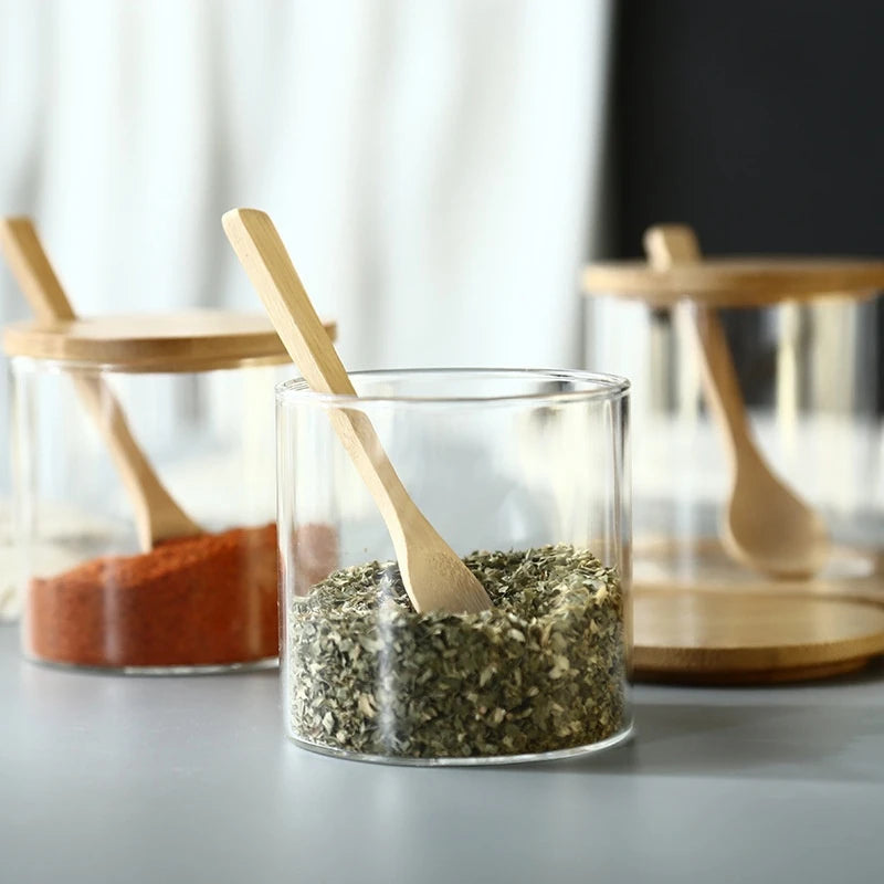 3Pcs Condiment Jars Set Clear Glass Bamboo Lid Spice Jar with Spoon Kitchen Sugar Salt Spices Storage Box Household Container Oasis Select