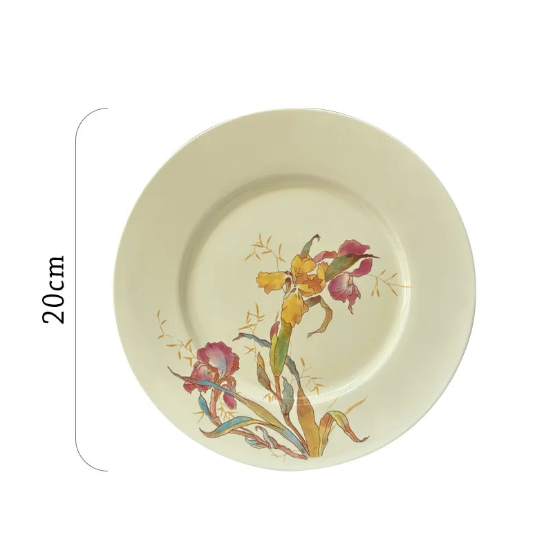 Ceramic Dinner Plate Set French Iris Dessert Bowl Dishes Soup Plate Breakfast Flat Plate Home Kitchen Gourmet Container Oasis Select 8 inch plate