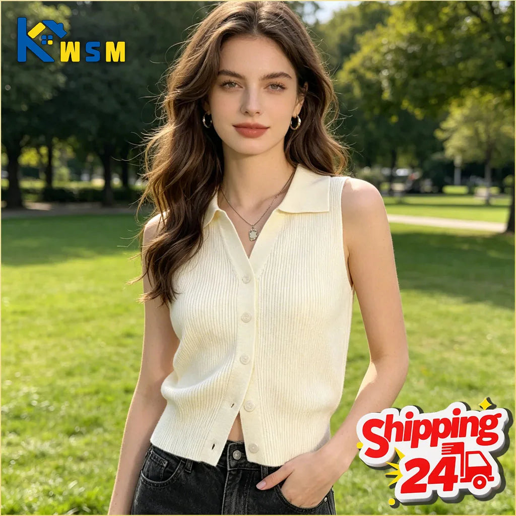 Lapel Ice Silk Slim Fit Vest for Women Summer Early Fall Thin Knit Tank Top Sleeveless Short Sleeve Casual Layering Outwear Oasis Select
