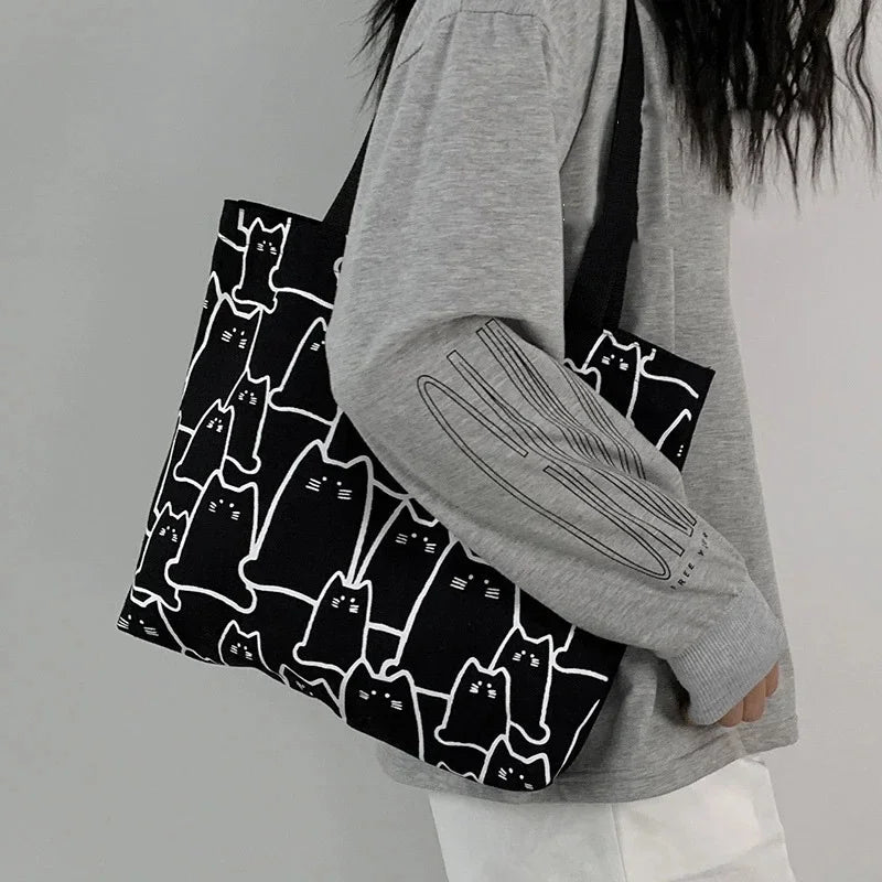 Canvas Bags Handbag for Women Shopper Cute Cat Tote Bag with Zipper Designer Bag Japanese Style Cartoon Small Shoulder Oasis Select black