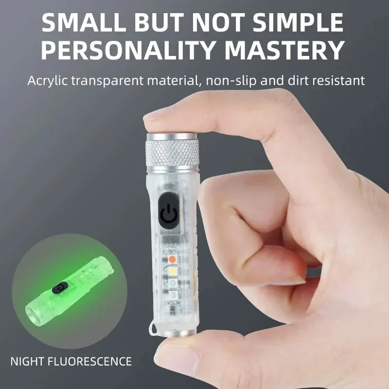 Mini LED Flashlight Type-C Waterproof Light Multi-Mode Flashlight Fluorescent Shell Clip Warning Lights Magnetic Key Chain Light Oasis Select