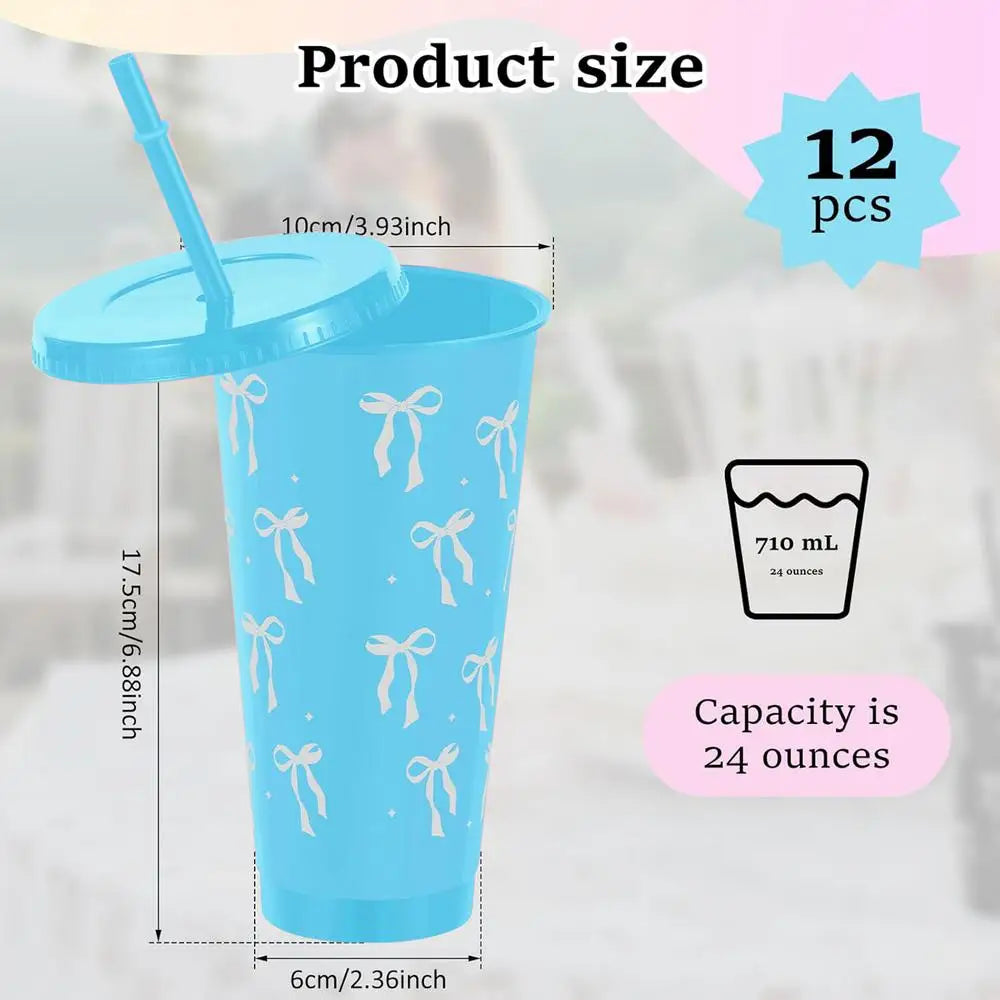 straw cup 12Pcs Reusable Party Cups with Straw Lid For Ice Coffee Juice Tea Cute Bowknot Plastic Cups Portable Drinking Cups Oasis Select Blue 12Pcs