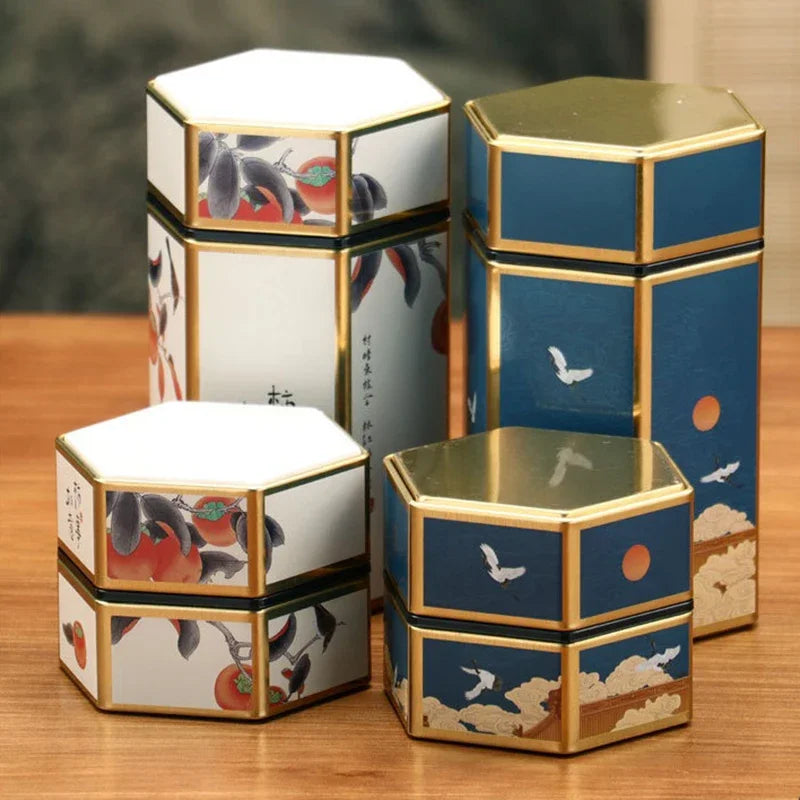 Creative Hexagonal Tea Pot Tin Can Chinese Tinplate Tea Storage Tank Small Sealed Portable Tea Box Empty Can Tea Set Accessories Oasis Select