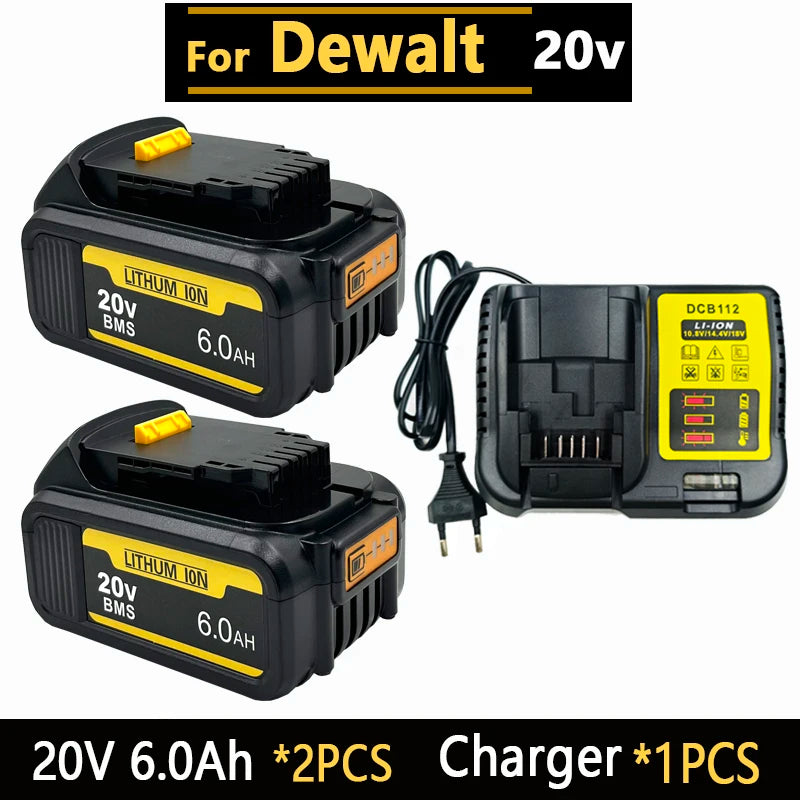 [Battery + Charger Set] 18-20V 6.0Ah/8.0Ah/12.0Ah Lithium Battery for DEWALT 20V MAX XR, DCB207 DCB205 DCB206, Oasis Select 20V 2PCS 6.0Ah-EU