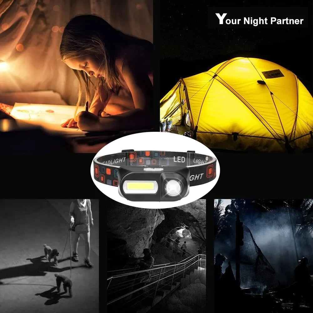 Mini Portable XPE+COB Headlamp Dual Light Source USB Rechargeable Use 18650 Battery Outdoor Camping Fishing Headlight Oasis Select