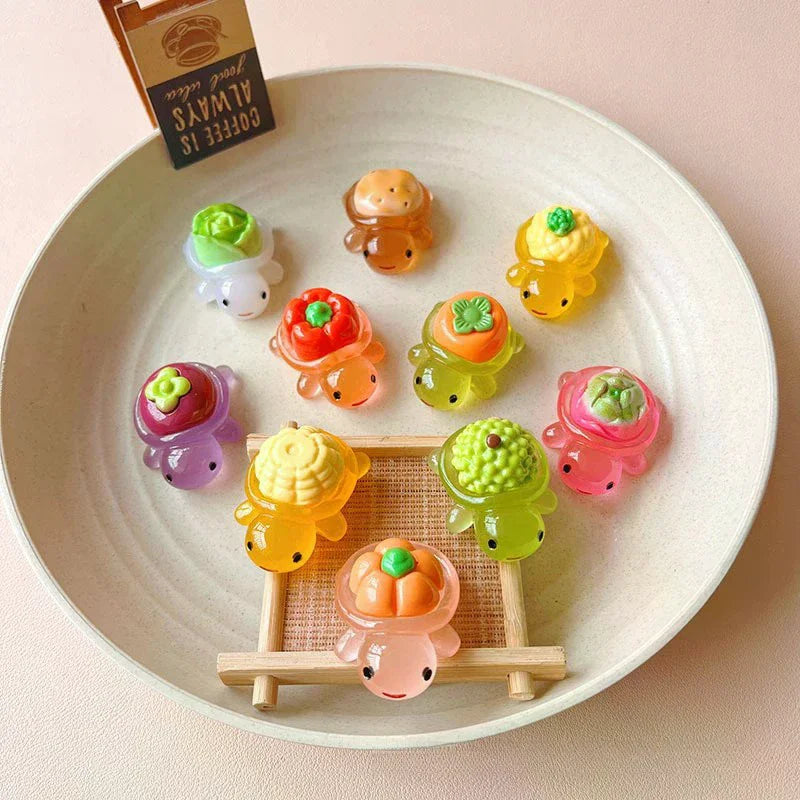 10Pcs Mini Resin Glowing Cartoon Fruit Turtle Small Ornament Doll House Scene Model Toys Play House Desktop Decorations Oasis Select