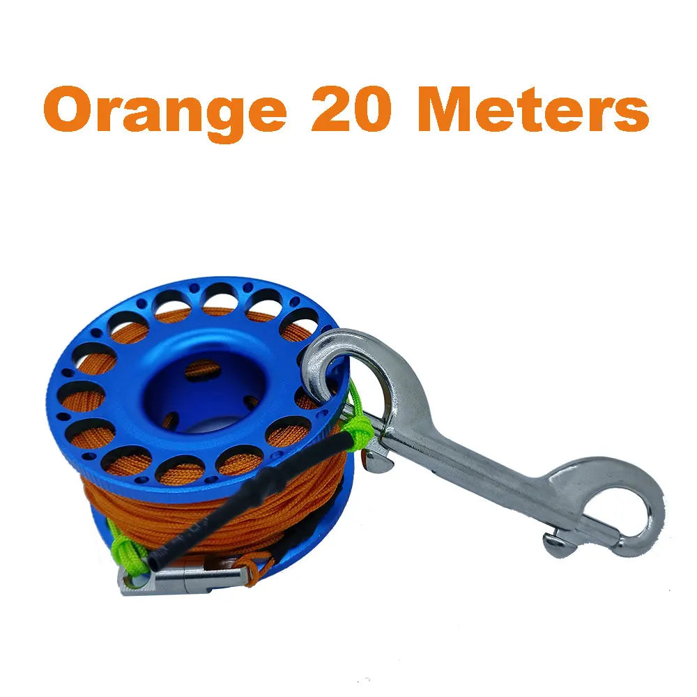 15M 20M 30M Scuba Diving Aluminum Alloy Spool Finger Reel with Stainless Steel double ended hook SMB Equipment Cave Dive Oasis Select Orange Line 20M