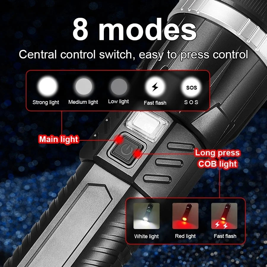 Most Poweful LED Flashlight 6000000LM Strong Light Torch Rechargeable Lamp High Power Long Shot 4km Tactical Flashlights Camping Oasis Select