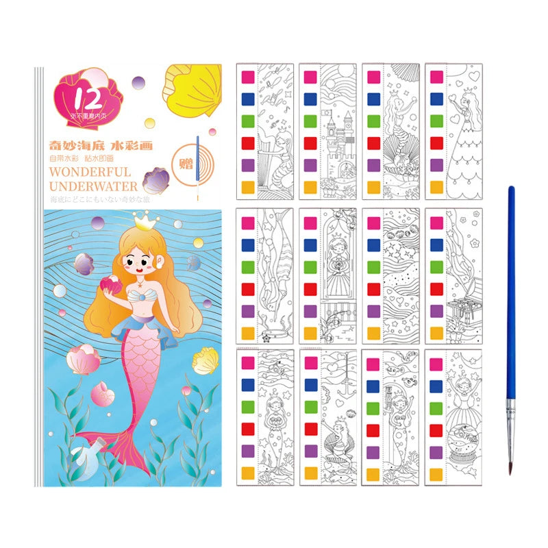 12 Sheets/Set Portable Watercolor Painting Book Coloring Book With Paint Brush Book Kids Graffiti Picture Drawing Stationery Oasis Select StyleD
