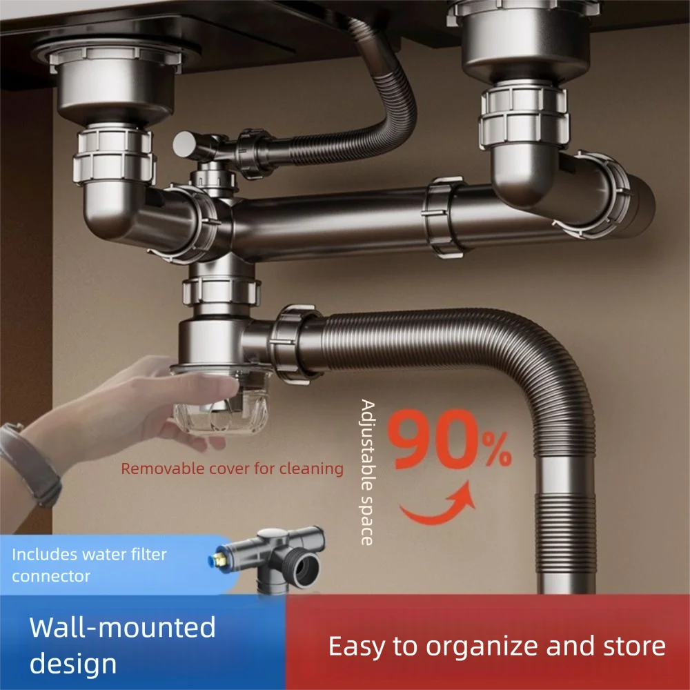 Plastic Sink Drain Pipe Set Easy Install Space Saving Sewer Replacement Pipe Single/Double Bowl Anti-Leak Drainage Kit Kitchen Oasis Select
