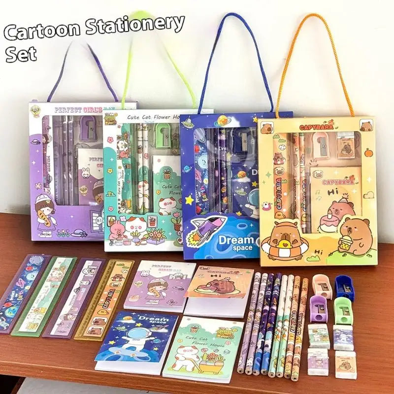 6Pcs/Set Cartoon Capybara Pencil Stationery Set Kawaii Eraser Pencil Sharpener Children Student Stationery Supplies Oasis Select