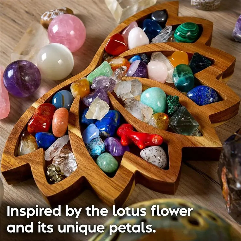 ~WISH Healing Stones, Gems-Lotus Crystal Display Tray-11" X 7" Wooden Rock Bowl, Crystal Holder-Showcase Oasis Select
