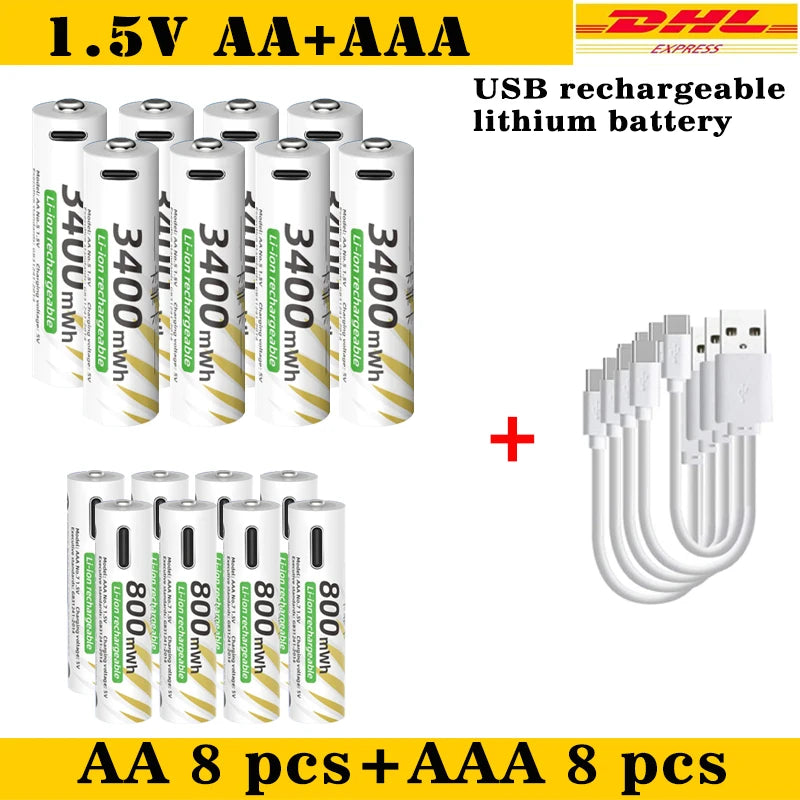 New Li-ion AAA and AA Rechargeable Batteries USB Lithium-ion 3400mWh 1.5V AA Rechargeable Batteries+800mWh 1.5V AAA Battery Oasis Select AA 8pcs AAA 8pcs