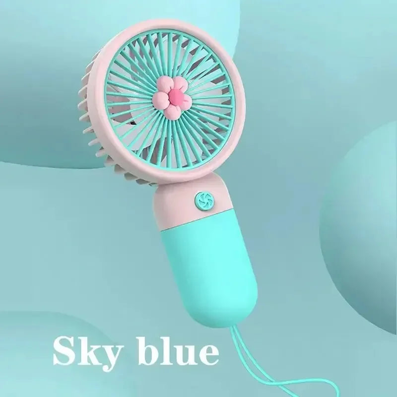 Macaron Color Mini Handheld Fan with Lanyard USB Rechargeable Electric Small Fresh Portable Fan for Students Flower Design Oasis Select Blue