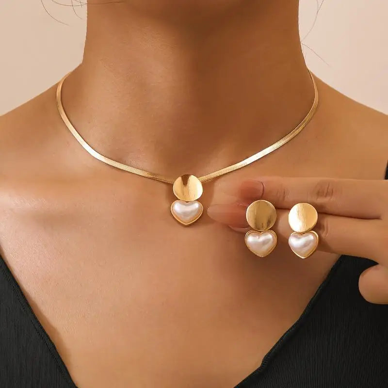 2Pcs Minimalist Creative Heart-shaped Pendant Snake Chain Necklace Earrings Sets For Women Jewelry Oasis Select
