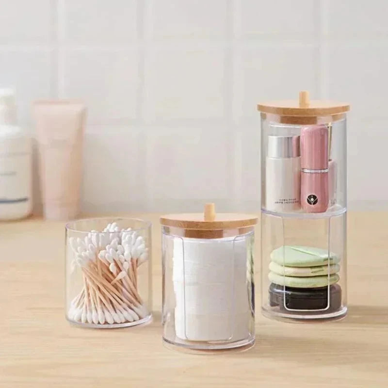 Acrylic Storage Box Bathroom Jar Makeup Organizer Cotton Round Pad Holder Cotton Swab Box Qtip Holder Dispenser with Bamboo Lid Oasis Select