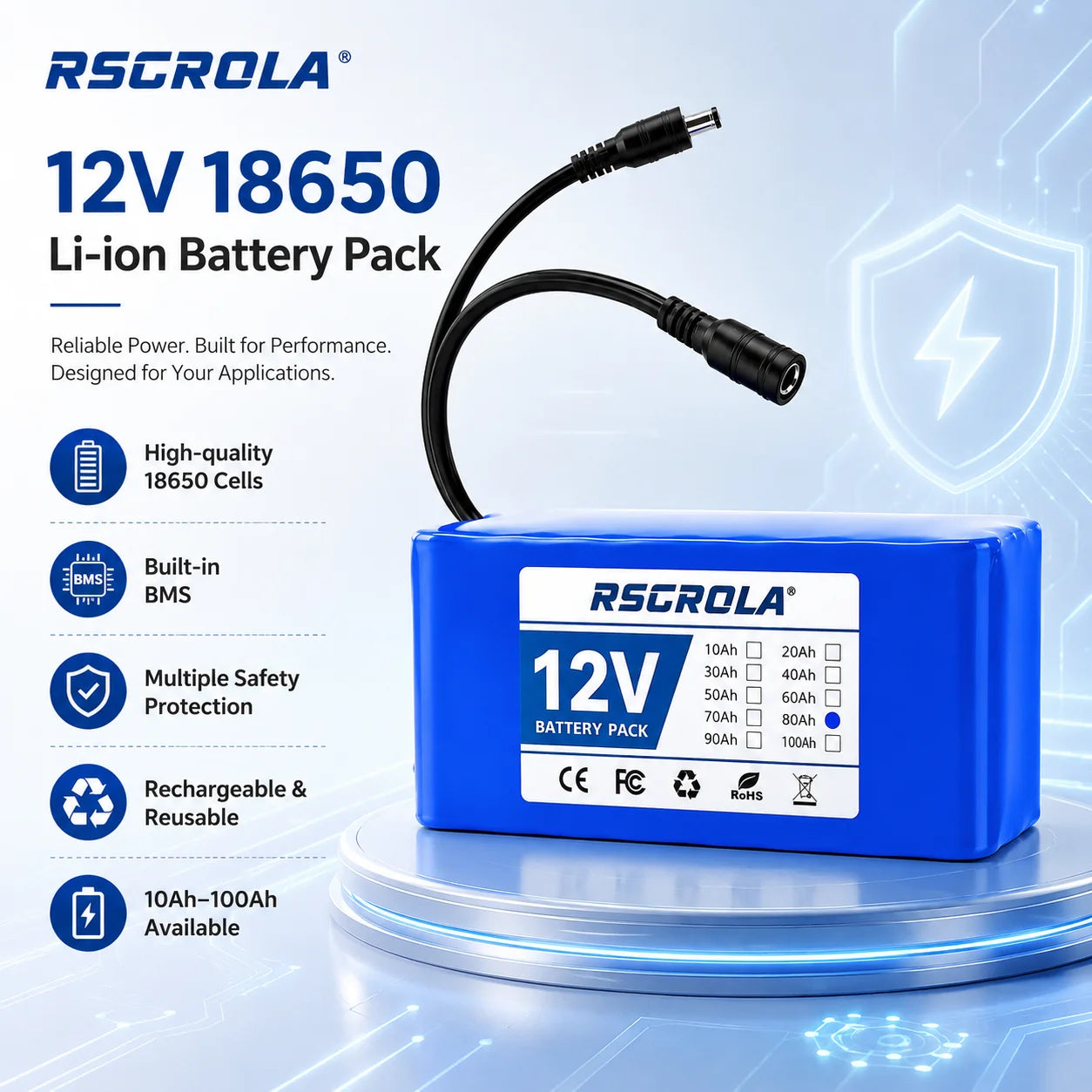 Rechargeable 12V 18650 Lithium Battery Pack with BMS, for Solar, LED Light, RC Model, Power Supply, Long Cycle Life with Charger Oasis Select