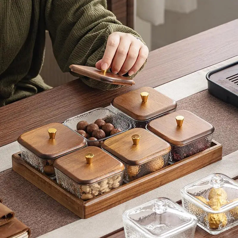 High-grade Solid Wood Glass Fruit Tray Bowl Household Living Room Tea Table Points Snack Candy Dry Fruit Tray Snack Nut Box Oasis Select