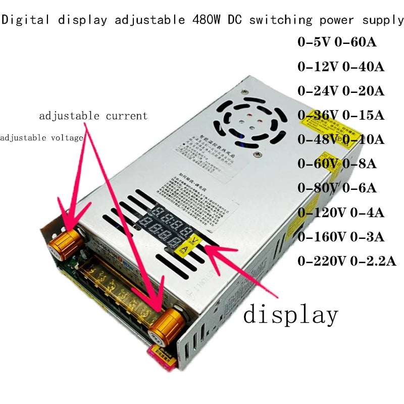 DC 5V 12V 24V 36V 48V Adjustable Switching Power Supply 60V 80V 120V 220V 480W With Digital Display Power Supply Voltage 12V 10A Oasis Select