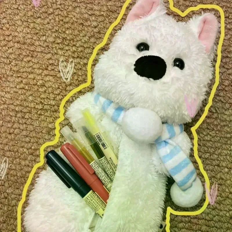 Cute Cartoon Plush Western Highland Dog Pencil Case Kawaii Plush Animal Doll Bag Multifunctional Large Capacity Stationery Bag Oasis Select