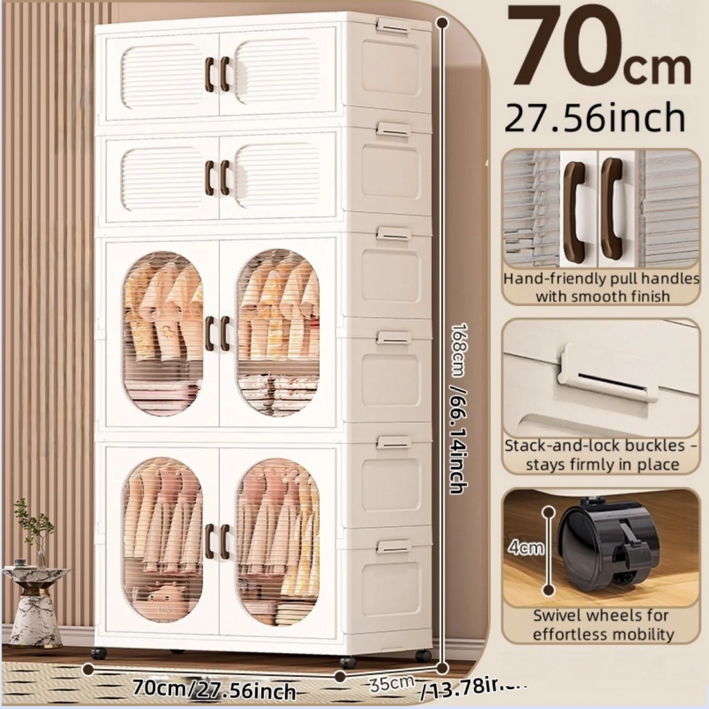 70cm Double-Door Foldable Wardrobe with Wheels - Large Capacity Magnetic Closure Storage for Clothes/Quilts, Bedroom/Living Room Oasis Select 2 cabinets 2 drawers