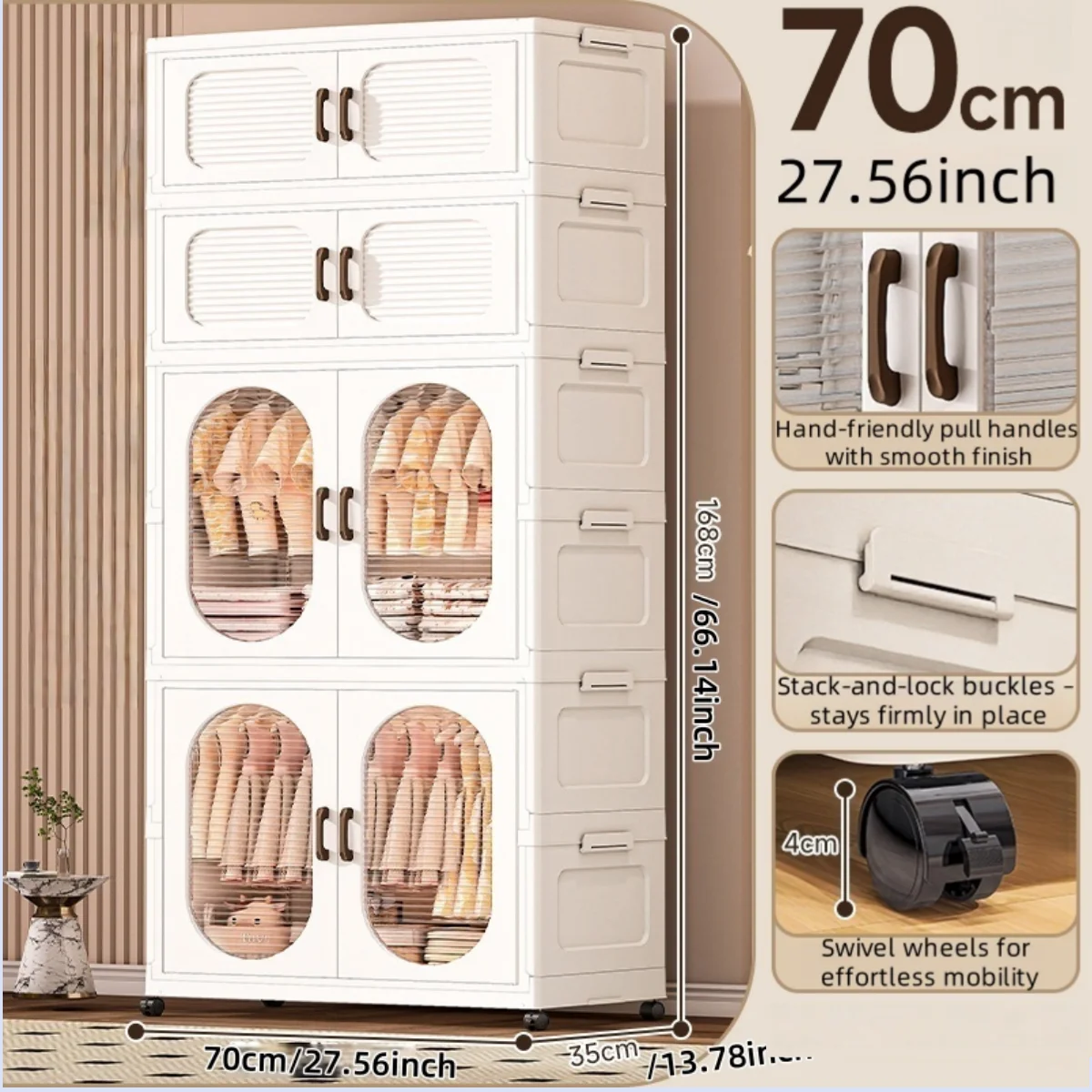 70cm Double-Door Foldable Wardrobe with Wheels - Large Capacity Magnetic Closure Storage for Clothes/Quilts, Bedroom/Living Room Oasis Select 2 cabinets 2 drawers