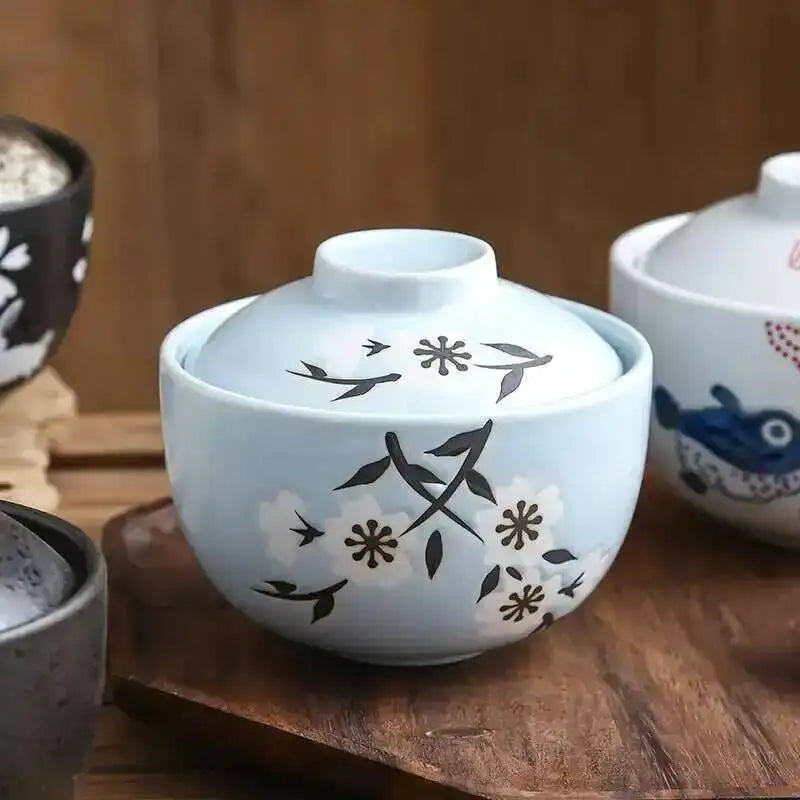 Japanese Ceramic 4.25Inch Stew Pot Bowl With Lid Steam Egg Soup Bowl Steaming Cup Slow Cooker Home Restaurant Tableware Oasis Select