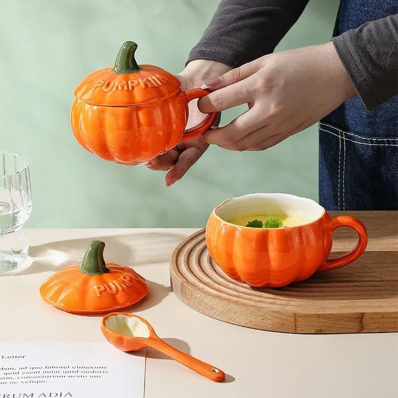 Ceramic Pumpkin Cup Thermos Cup with Lid Exquisite Breakfast Oatmeal Heat-Insulating Scalding-Proof Milk Mug Halloween Gift Cup Oasis Select