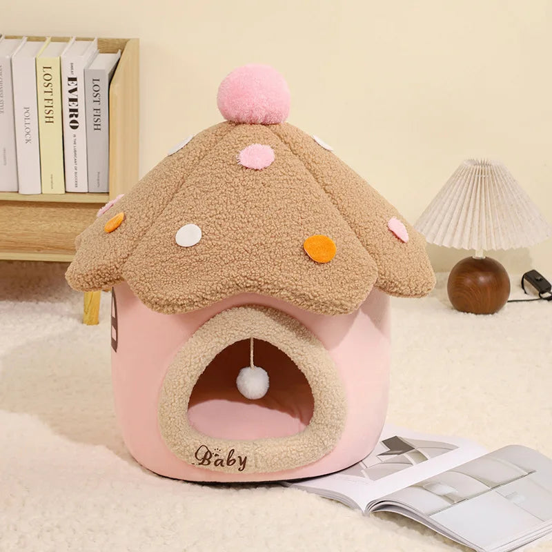 Mushroom House Cat Bed Pet House Dog and Cat Shelter Winter Closed and Warm Mushroom Cat House Detachable Oasis Select pink M 39x39cm