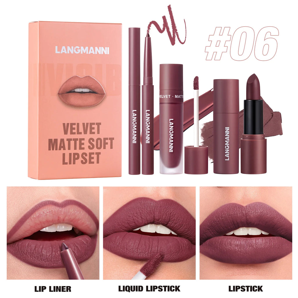 LANGMANNI 3-Piece Matte Lip Kit – Liquid Lipstick & Lipliner