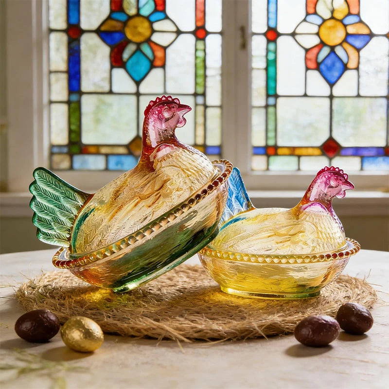 SXH Hen Glass Dish Crystal Glasses Candy Dish With Lid Hen-Shaped Chicken Fruit Bowl Dessert Snacks Plate Retro Bowl Jar Oasis Select