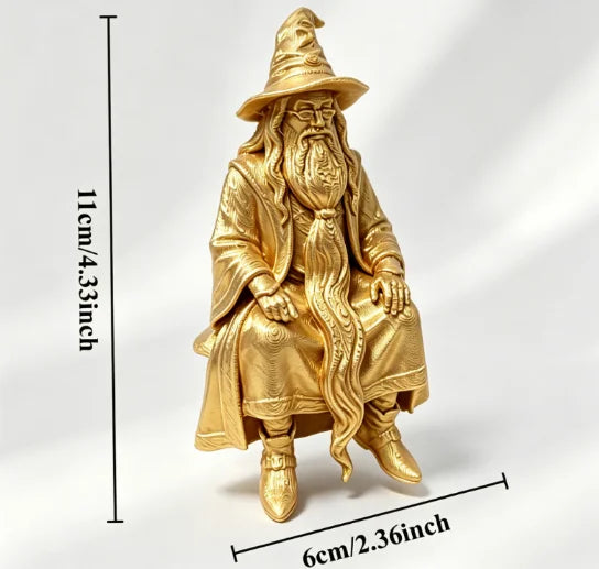Mystery Wizard Shelf Sitter Figurine 3D Printed Sitting Posture Old Mage Statue Fantasy Desktop Decor for Bookshelf & Game Table Oasis Select Old wizard gold