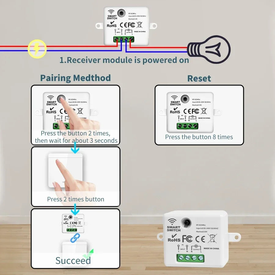 433MHz Wireless Smart Wall Switch 1/2/3 Gang Remote Relay Wireless Light Switch Oasis Select