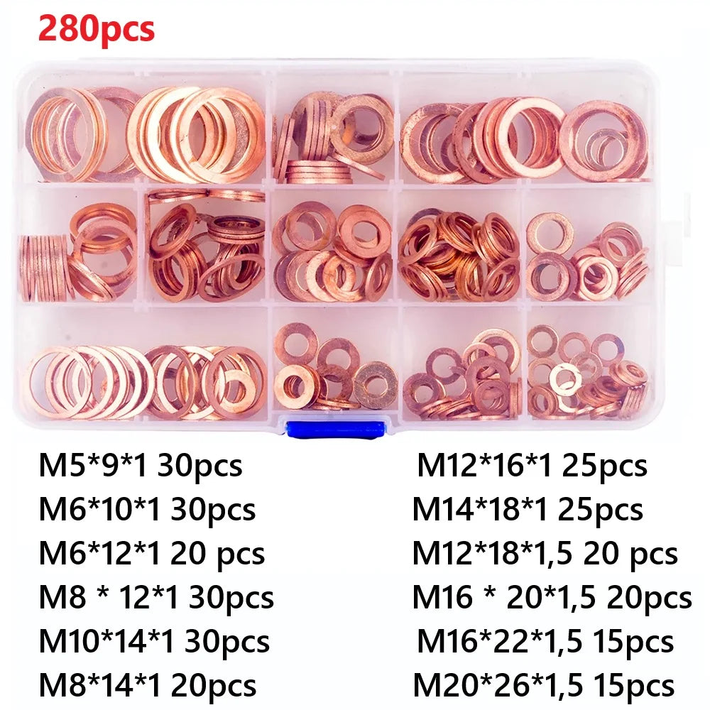 50/100/280/200/150Pcs Washer Copper Sealing Solid Gasket O Ring Copper Gaskets Flat Ring Seal Assortment Kit Hydraulic Accessory Oasis Select 280pcs