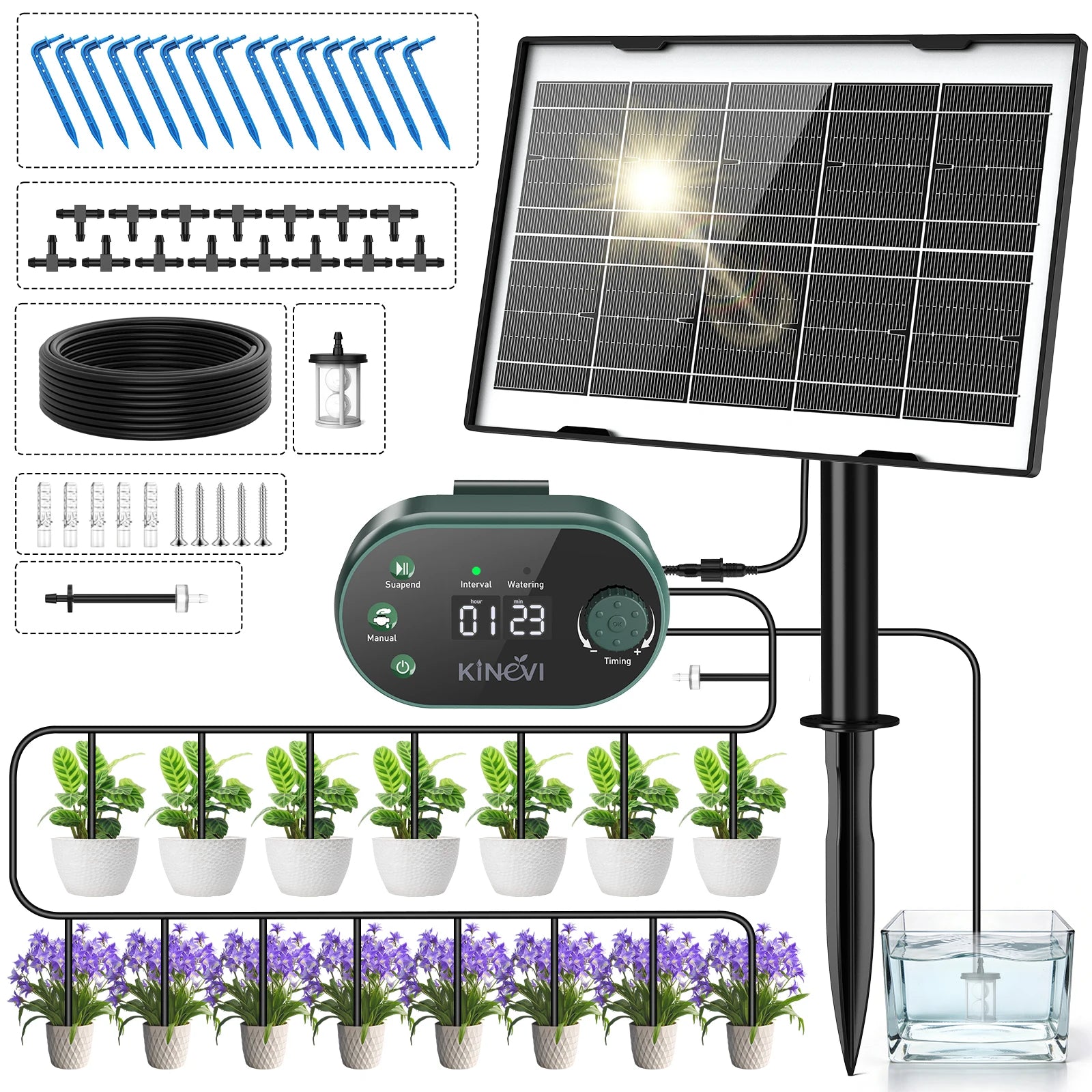 Solar Irrigation System 3W Auto Watering Drip Kit for 15 Pots, with 22 Timer Modes&15 Drip Heads Suitable for Garden Balcony Etc Oasis Select 1 Kit