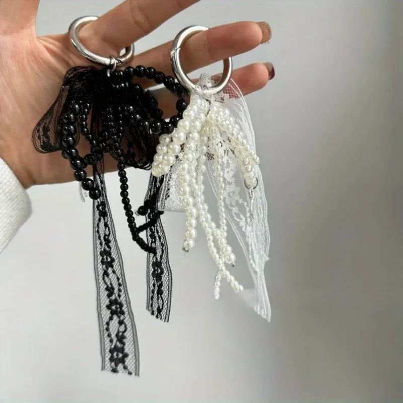 Korean Ins Niche Pearl Lace Bow Decoration Fashionable High-end Texture Fresh Bag Pendant Car Keychain Oasis Select