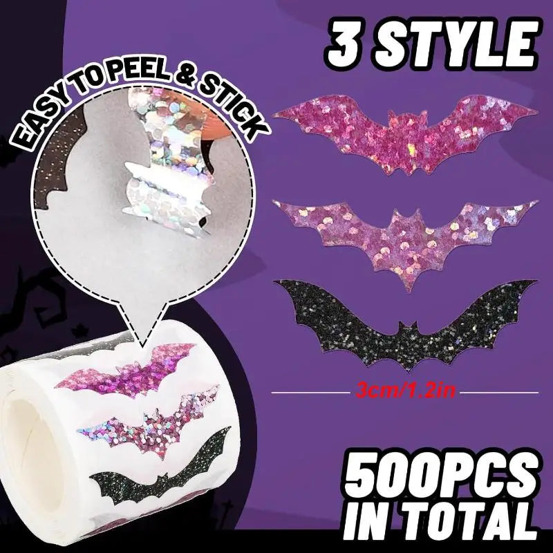 500Pcs/roll Laser Black Bat Waterproof Glitter Self-Adhesive Decals Halloween Bat Stickers For Party Scrap DIY Accessories Oasis Select B