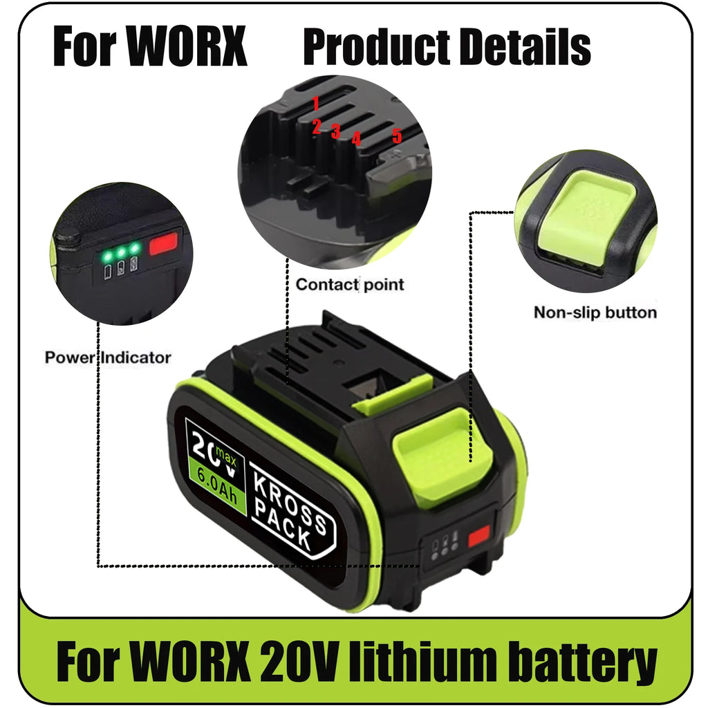 20V 6.0Ah/8.0Ah/18.0Ah Replacement Battery for WORX Series Power Tools Compatible with WA3016 WA3023 WA3054 WA3027 Oasis Select