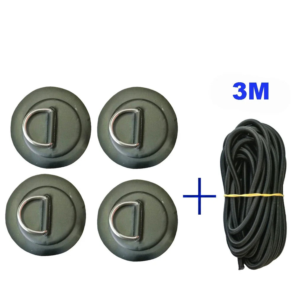 Surfboard Dinghy Boat PVC Patch With Stainless Steel D Ring Deck Rigging Sup Round Ring Pad 5M Elastic Bungee Rope Kit Oasis Select 4Black Pad 3m rope