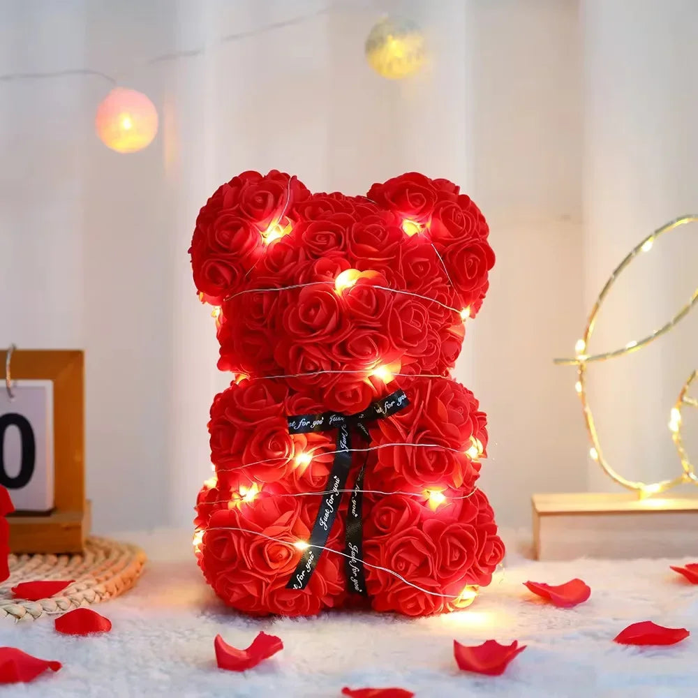 25cm Artificial Teddy Rose Flower Bear with Box Romantic Valentines Day Gift Girlfriend Anniversary Wedding Party Supplies Oasis Select 1 With Box