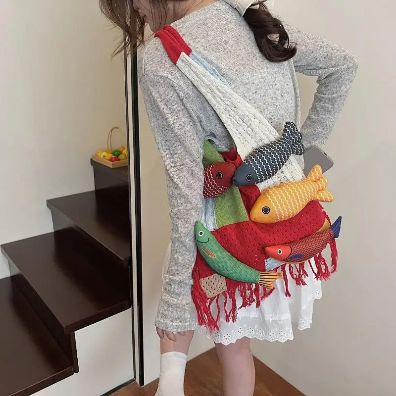 Tassel Knit Fish Tote Bag – Cute Casual Shoulder Handbag