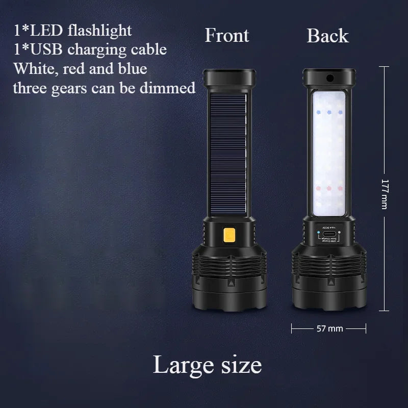 LED Solar Charging Flashlight White/Red/Blue Light USB Rechargeable Super Bright Flashlights Outdoor Emergency Torch 1 Pack Oasis Select Large size-1PC Built-in battery