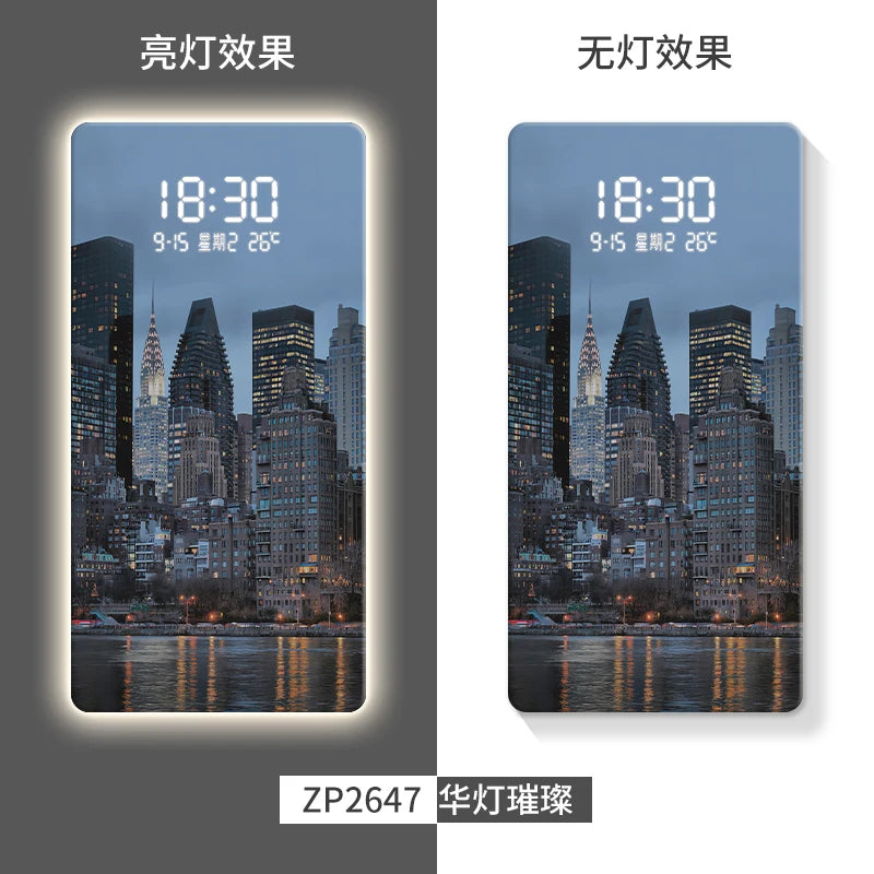 Led Electronic Wall Hanging Clock Porch Decorative Painting City Night Scene Advanced Sense Human Induction Wall Clock Oasis Select ZP2647 80cm x 40cm plug in