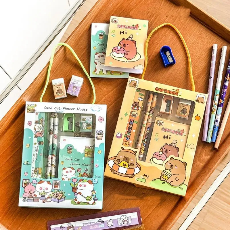 6Pcs/Set Cartoon Capybara Pencil Stationery Set Kawaii Eraser Pencil Sharpener Children Student Stationery Supplies Oasis Select