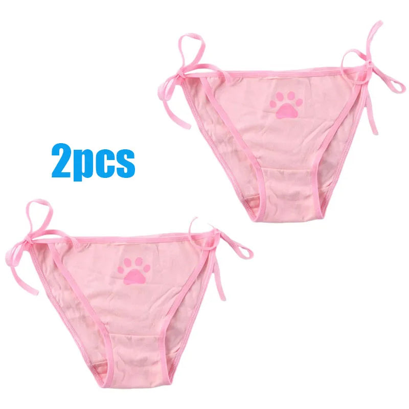 1/2/3/4pcs Women Sexy Sweet Cat Claw Briefs Low Waist Bowknot Bandage Lingerie Strings Strap Underwear Ladies Breathable Panties Oasis Select 2pcs pink One Size as show