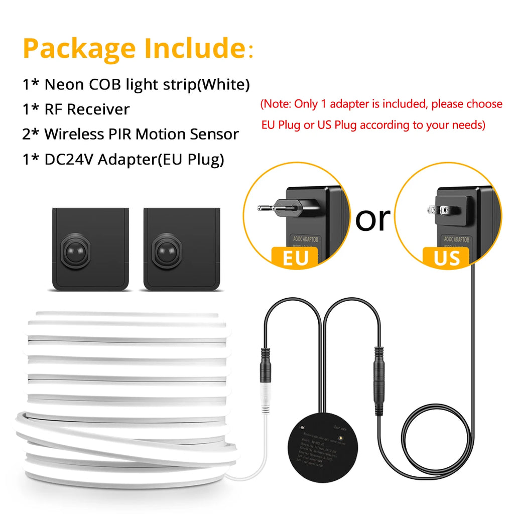 24V Wireless PlR Motion Sensor COB LED Neon Strip NightLight for Bed Bathroom Stair Hallway Lighting 3/5/10m Solid Silicone Tape Oasis Select 10M Length 2Sensor White US