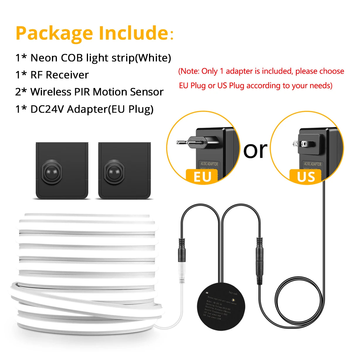 24V Wireless PlR Motion Sensor COB LED Neon Strip NightLight for Bed Bathroom Stair Hallway Lighting 3/5/10m Solid Silicone Tape Oasis Select 10M Length 2Sensor White US