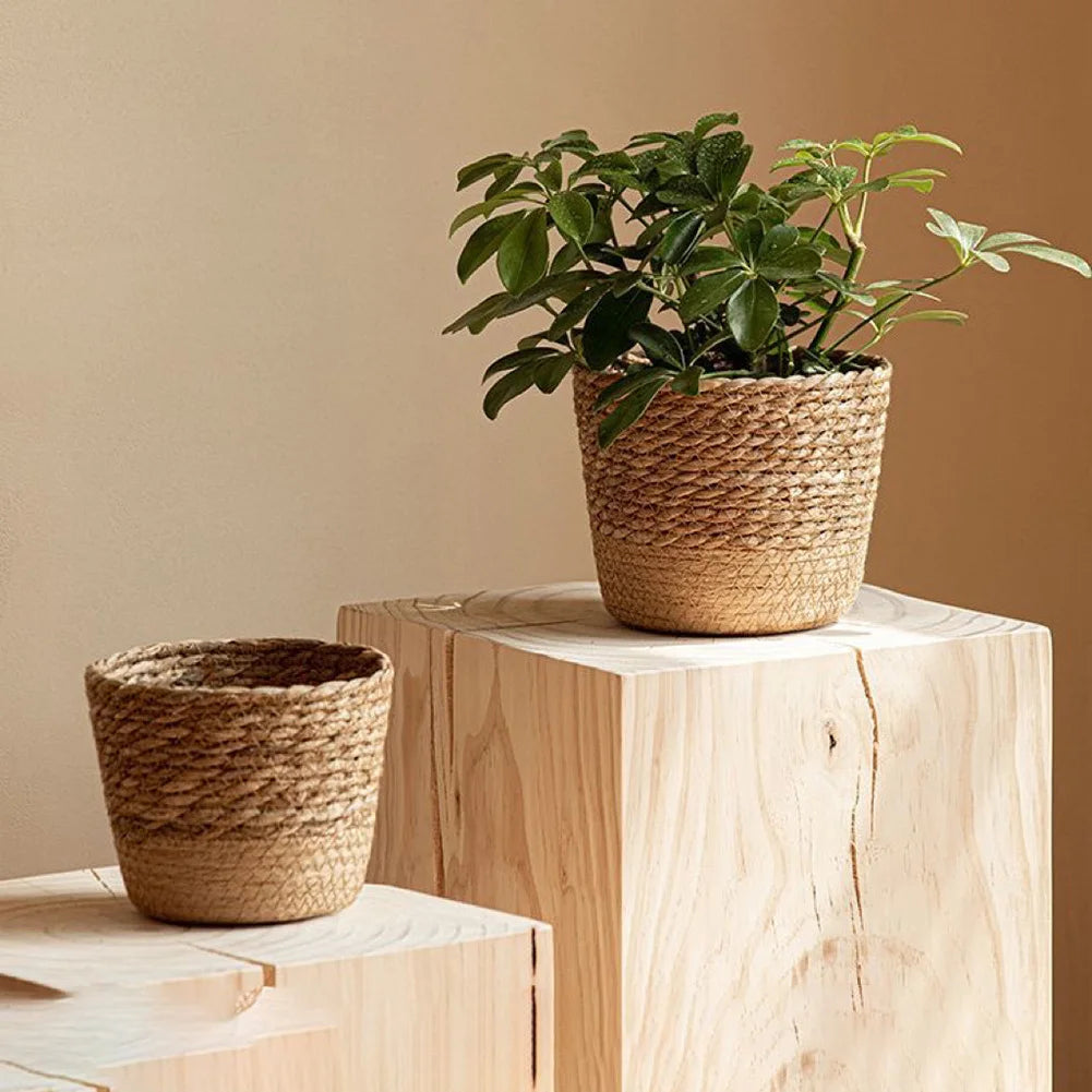 Straw Weaving Flower Plant Pot Rattan Flowerpot Storage Basket Handwoven Straw Plant Basket With Leak-Proof Liner Home Decor Oasis Select